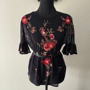 MAEVE by ANTHROPOLOGY A-Line Embroidered Mesh Floral Tunic Blk SzS Dark Witchy